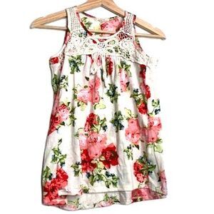 Soprano Girls Blouse White Red Floral Sleeveless Scoop Neck Stretch Lace XL (16)